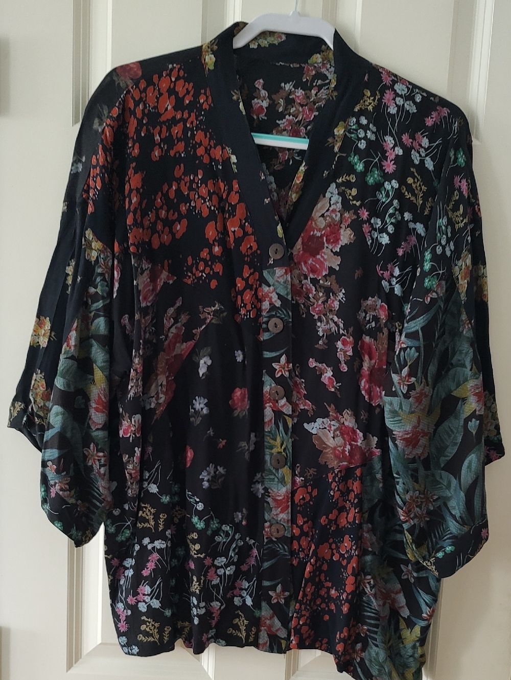 Black Floral Button-Front Tunic with Multicolor Blooms